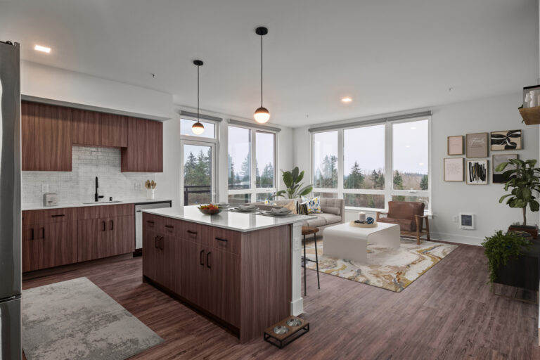 Ember modern apartments in Lynnwood, WA - kitchen and living