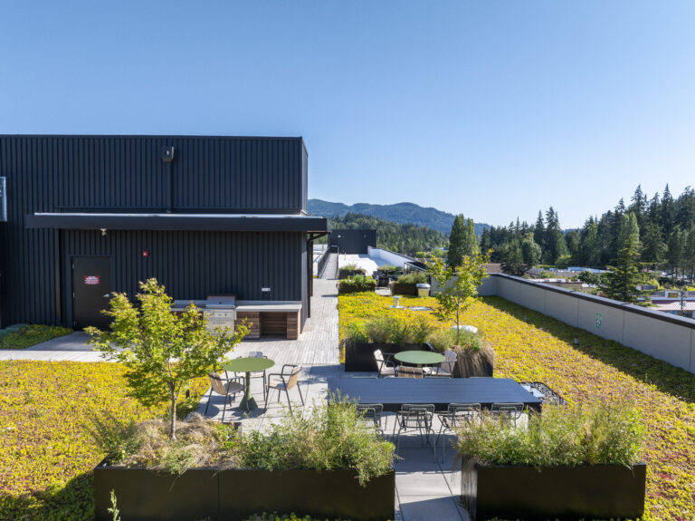 View of rooftop terrace and landscaping at Kerf Apartments in Bellingham, WA