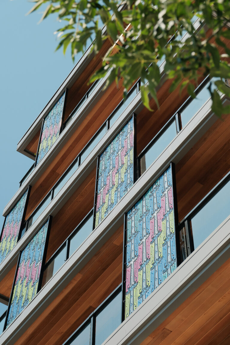 View of artist installation "Grace" by Jeffrey Veregge at Tapestry Apartments in Seattle, WA