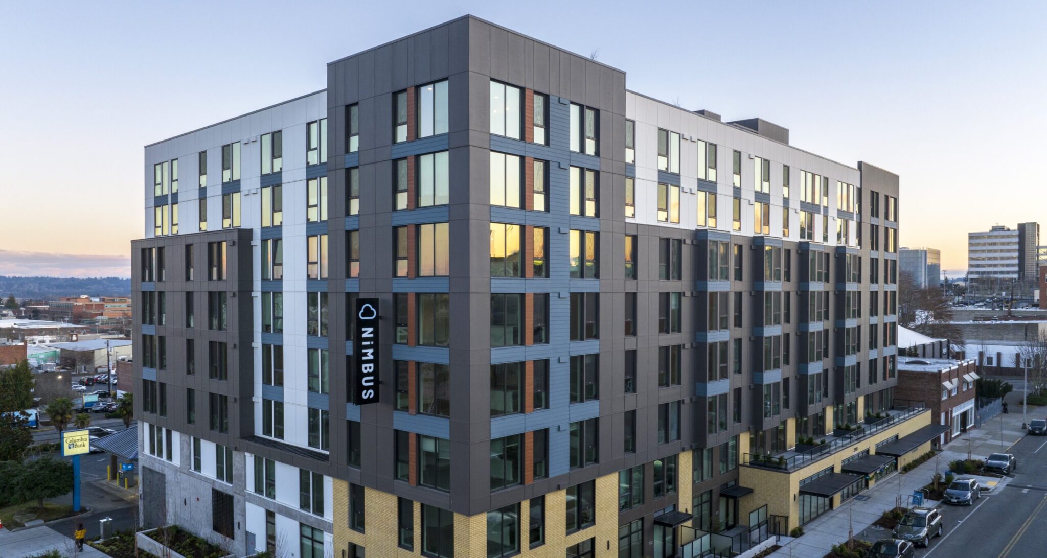 Nimbus apartments at sunset in Everett, WA